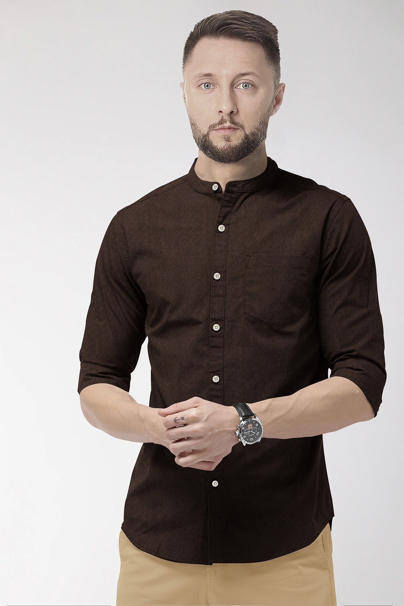 Coffee Brown Mandarin Men's Luxurious Linen Shirt