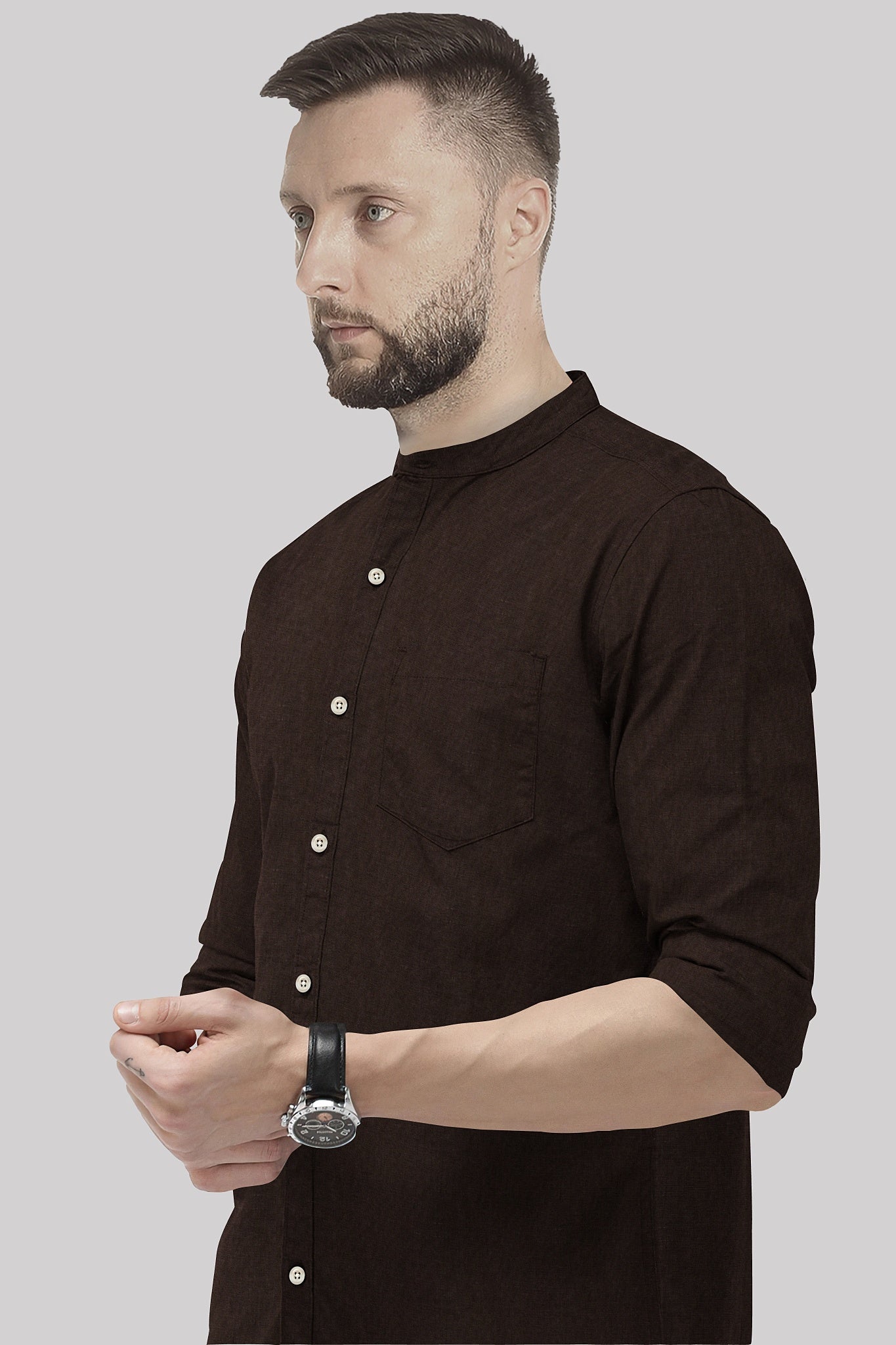 Coffee Brown Mandarin Men's Luxurious Linen Shirt