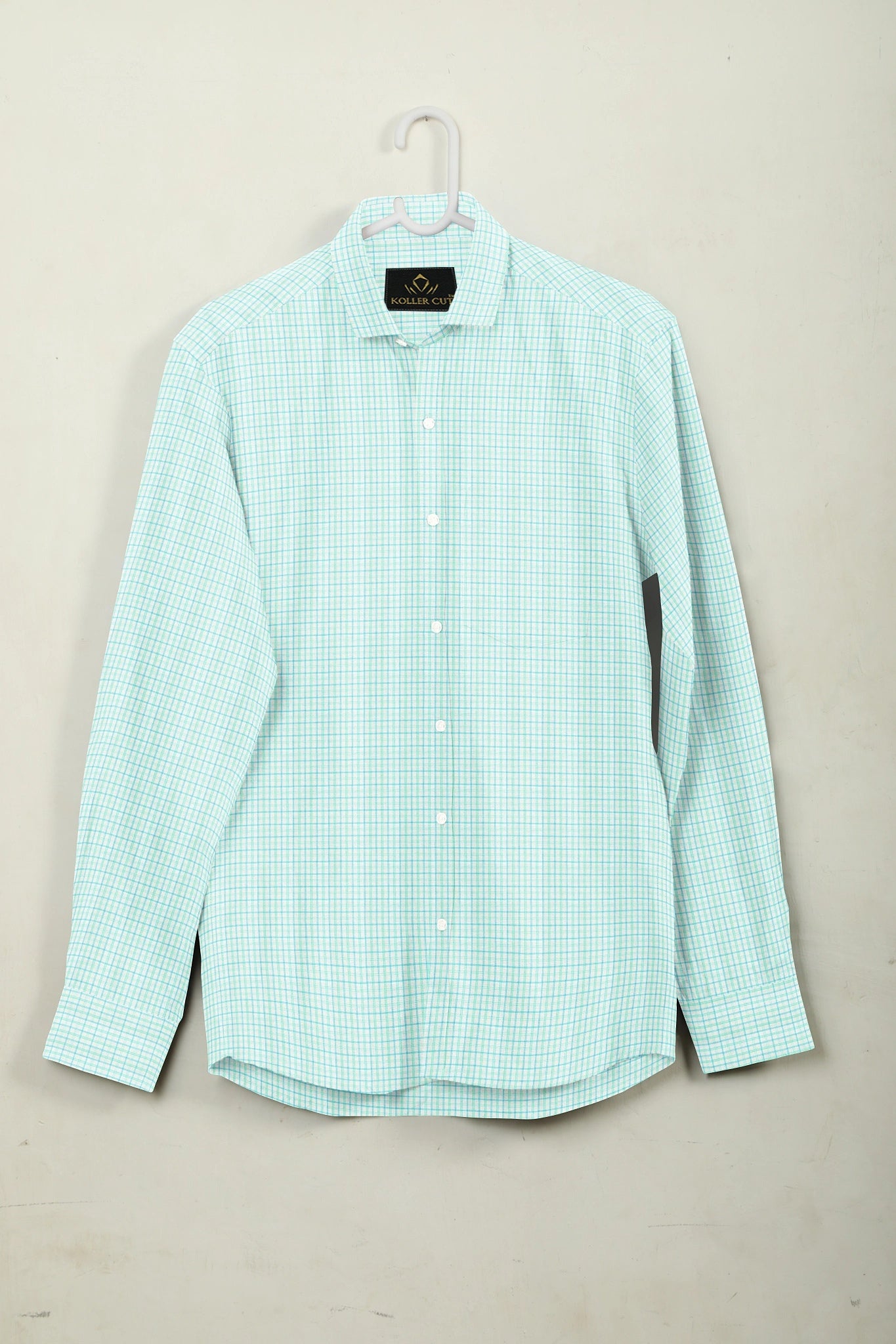 White with Turquoise Blue and Celeste Blue Checks Cotton Shirt