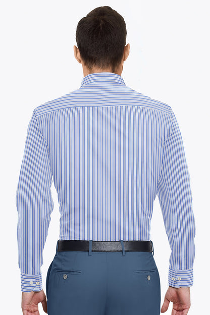 White with Amparo Blue and Black Stripes Cotton Shirt