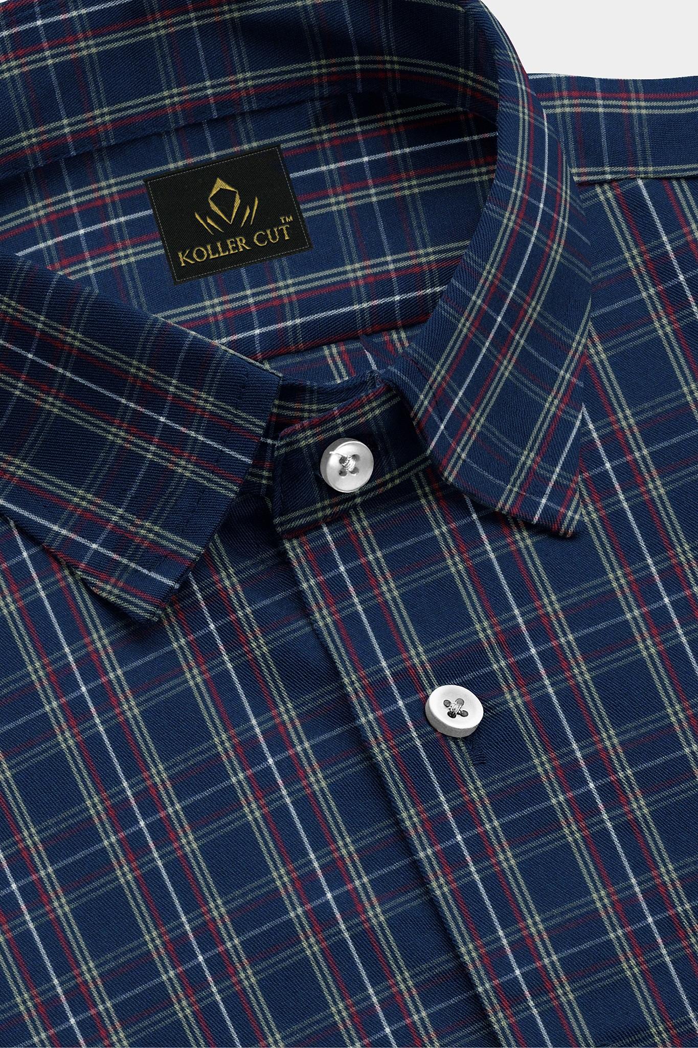 Opal Blue with Merlot Red and White Checks Cotton Shirt