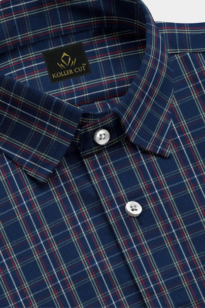 Opal Blue with Merlot Red and White Checks Cotton Shirt