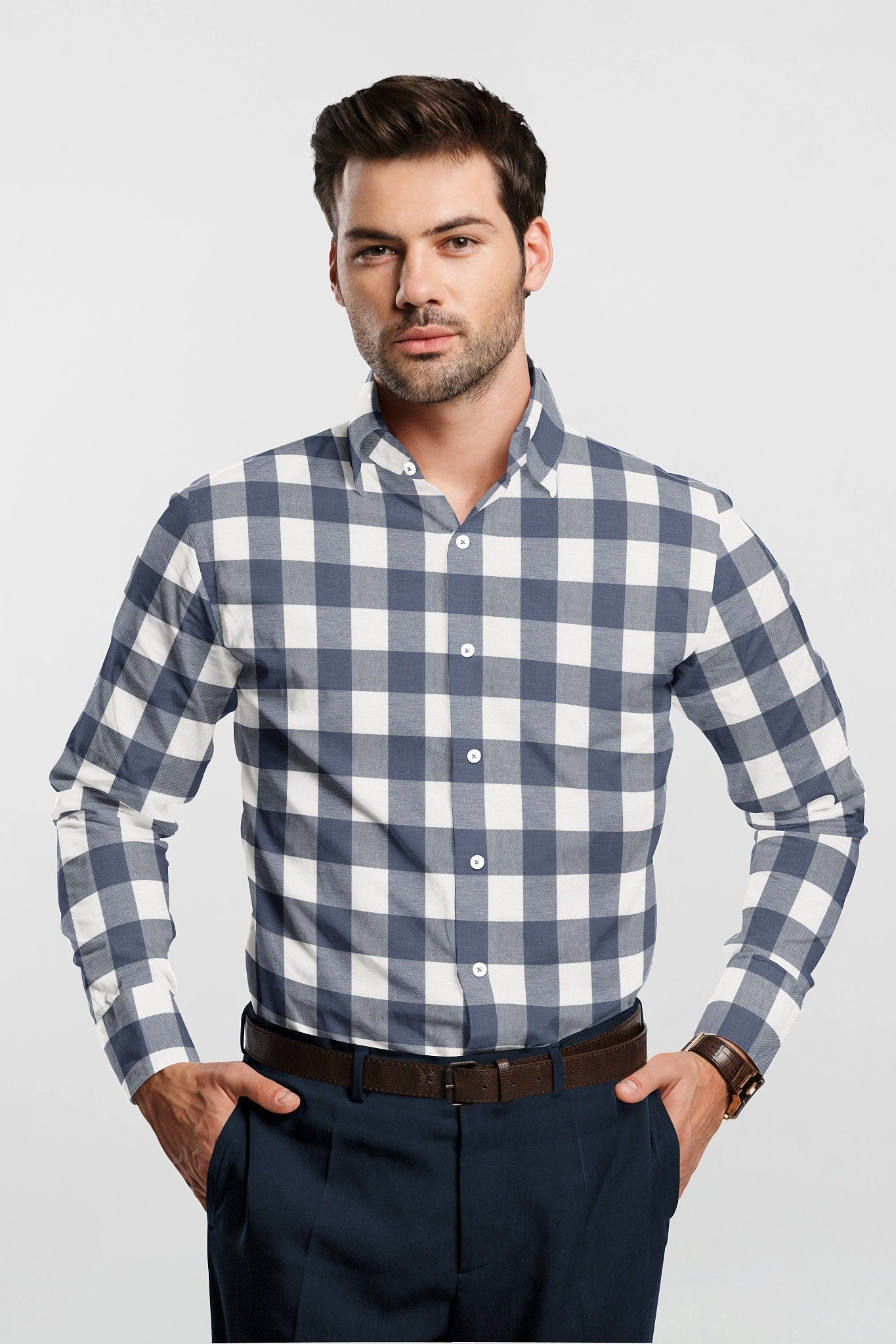 White and Granite Blue Checks Cotton Shirt - Plus size shirt in India 