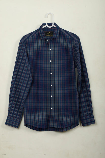 Opal Blue with Merlot Red and White Checks Cotton Shirt