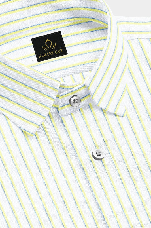 White with Canary Yellow and Marina Blue Stripes Cotton Linen Shirt Best Stripes Shirt in India