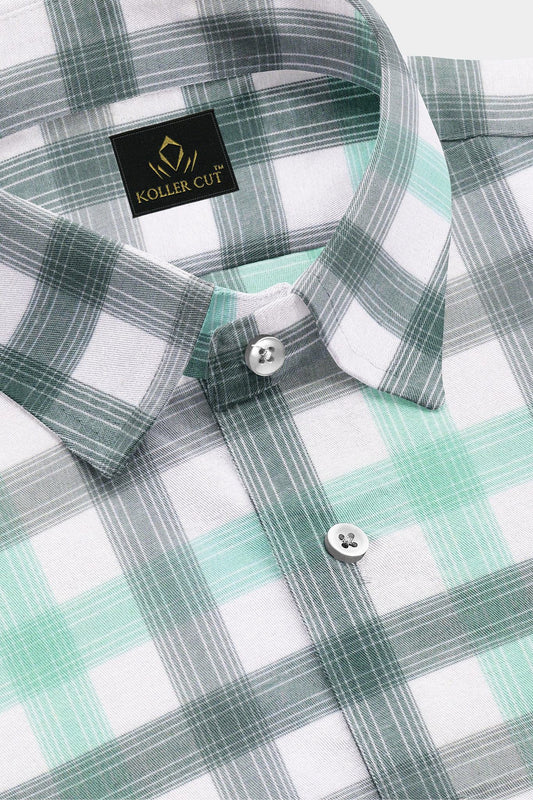 White with Balsam Green and Opal Green Checks Cotton Shirt Best Plus size Checks Shirt in India