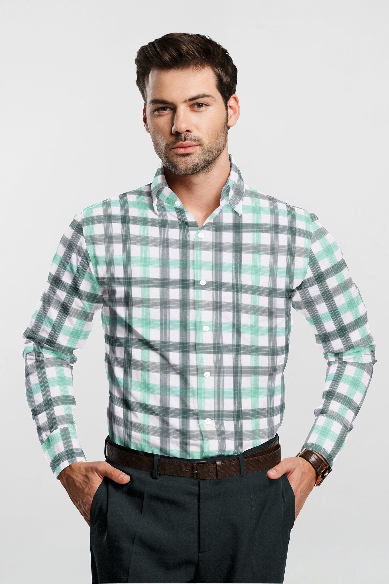 White with Balsam Green and Opal Green Checks Cotton Shirt Best Plus size Checks Shirt in India