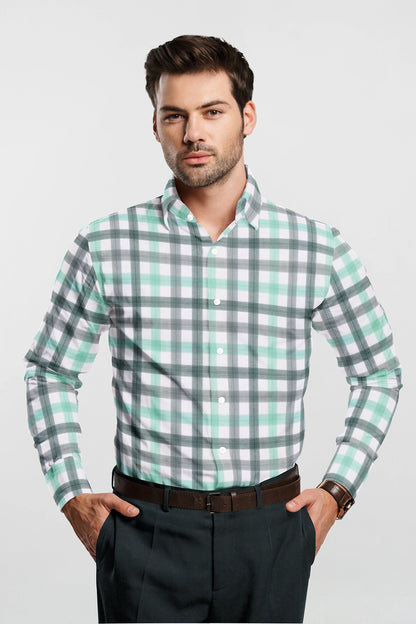 White with Balsam Green and Opal Green Checks Cotton Shirt Best Plus size Checks Shirt in India