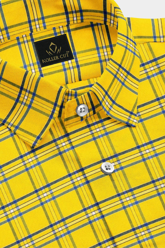 Celandine Yellow and  Baleine blue Check French Crown Cotton Shirt