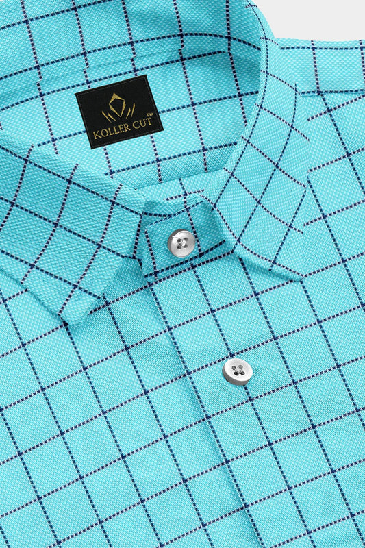 Cyan Blue with Legion Blue and Black Jacquard Windowpane Checks Premium Cotton Shirt-Premium Cotton Shirt in India