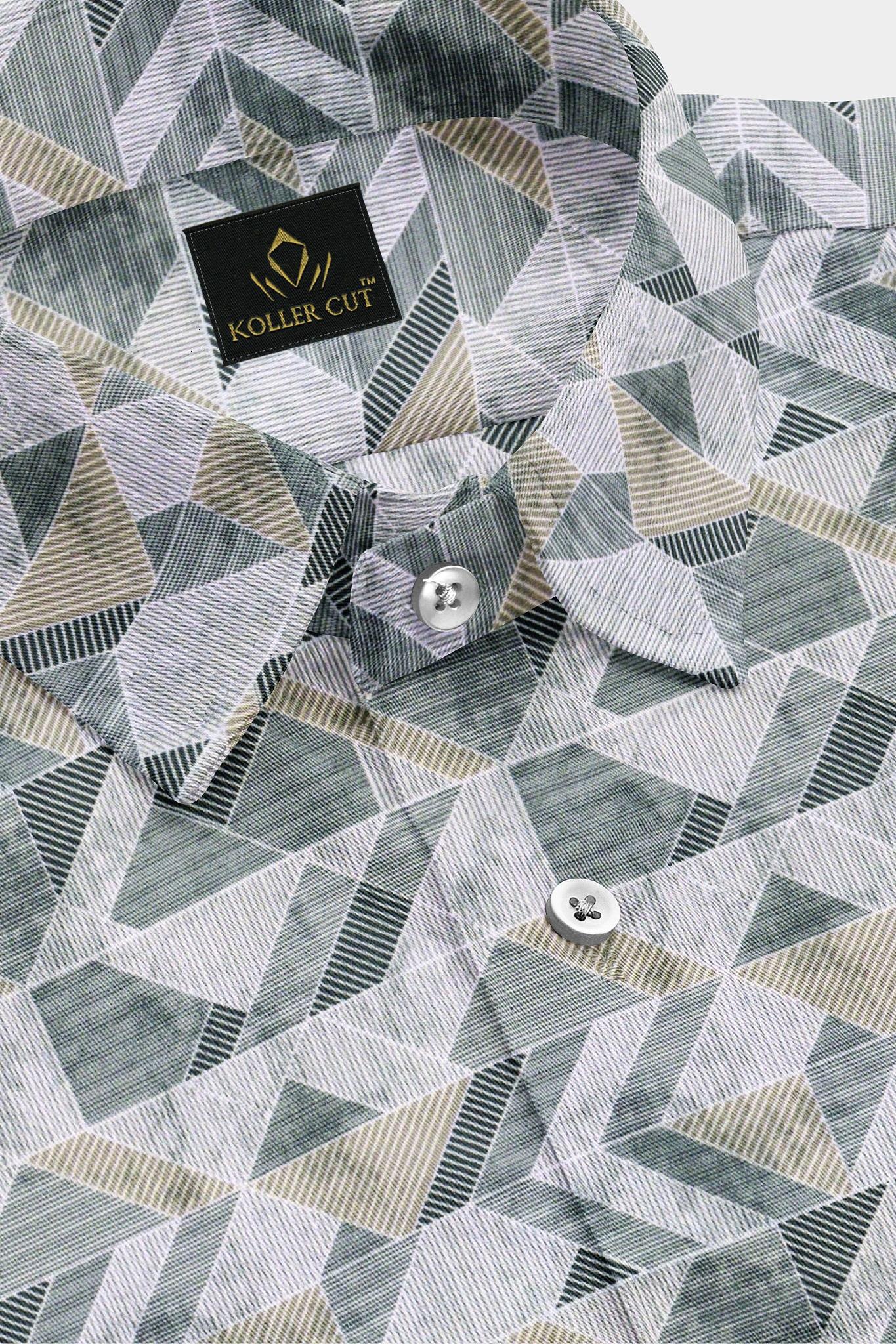 White with Opal Gray and Black Abstract Pattern Printed Egyptian Giza Cotton Shirt-  Plus size Shirt in India