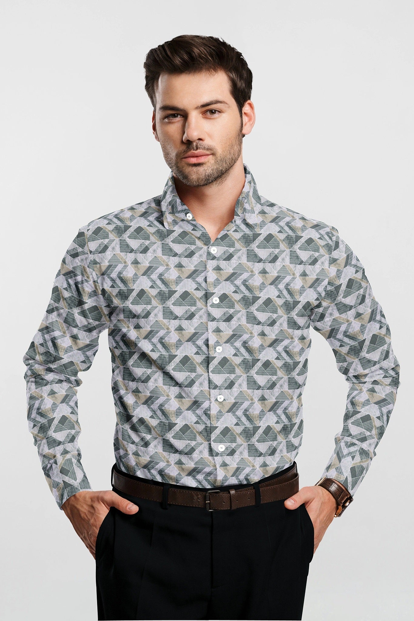 White with Opal Gray and Black Abstract Pattern Printed Egyptian Giza Cotton Shirt-  Plus size Shirt in India