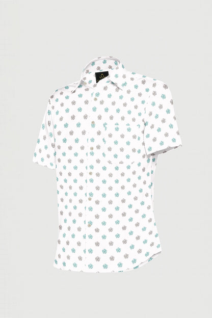 White with Turquoise Green and Coal Black Pentagon Printed Egyptian Giza Cotton Shirt - Plus Size Printed Shirt In India