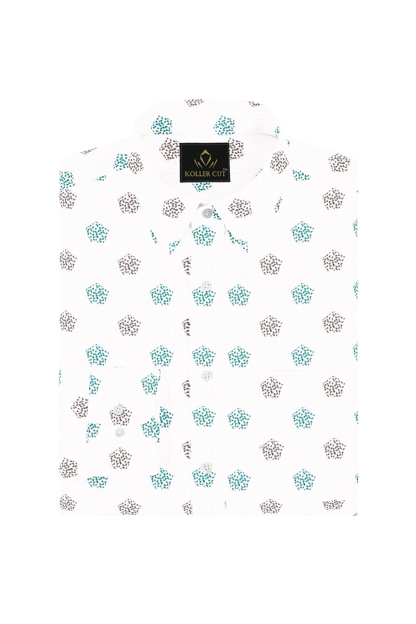 White with Turquoise Green and Coal Black Pentagon Printed Egyptian Giza Cotton Shirt - Plus Size Printed Shirt In India