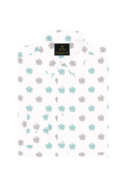 White with Turquoise Green and Coal Black Pentagon Printed Egyptian Giza Cotton Shirt - Plus Size Printed Shirt In India