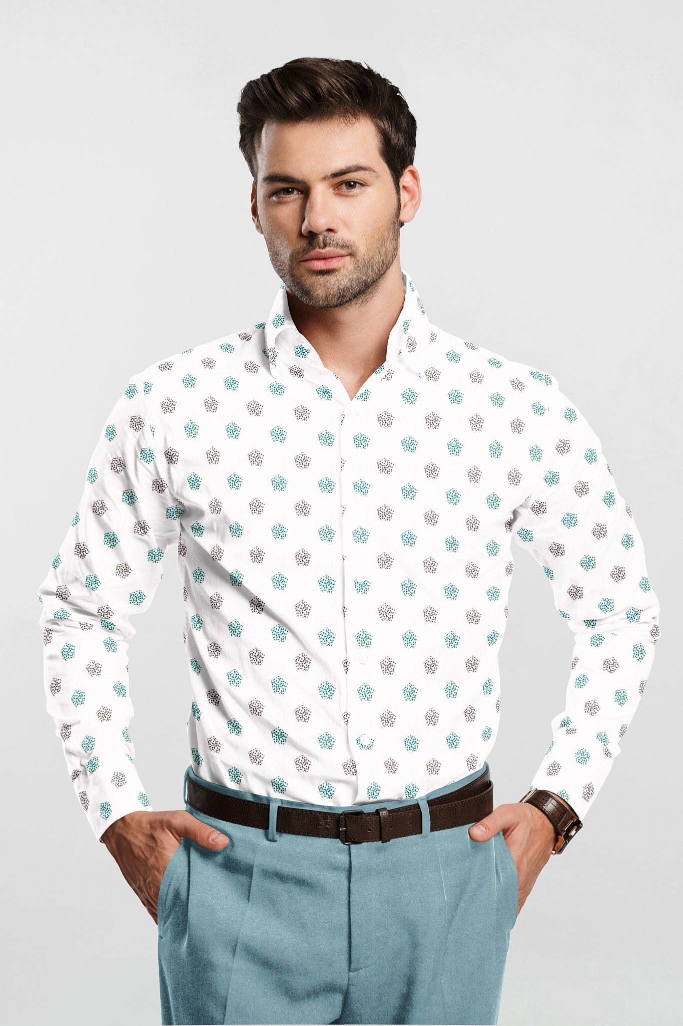 White with Turquoise Green and Coal Black Pentagon Printed Egyptian Giza Cotton Shirt - Plus Size Printed Shirt In India