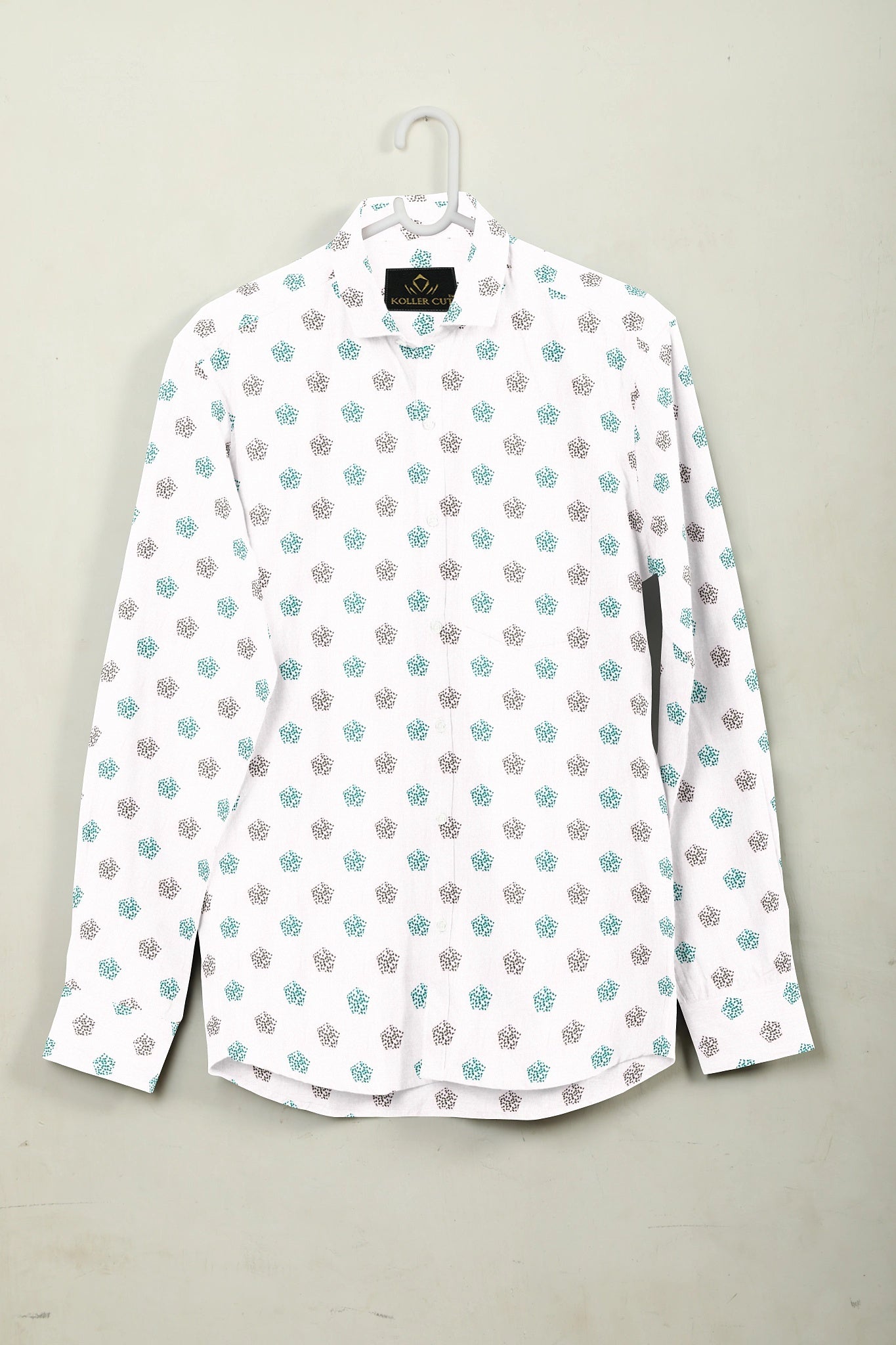 White with Turquoise Green and Coal Black Pentagon Printed Egyptian Giza Cotton Shirt - Plus Size Printed Shirt In India