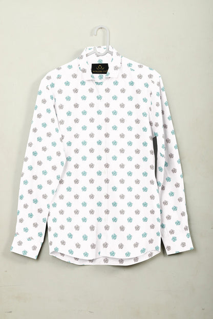 White with Turquoise Green and Coal Black Pentagon Printed Egyptian Giza Cotton Shirt - Plus Size Printed Shirt In India