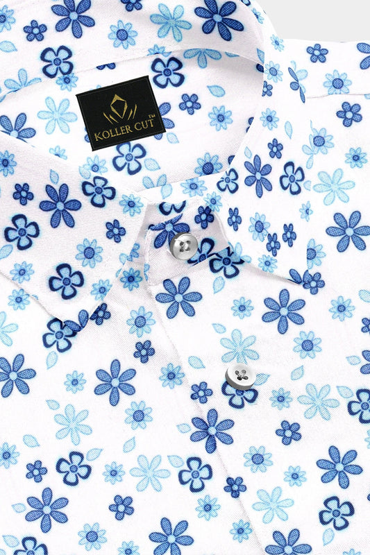 White and Lichen Blue with Jasmine and Pansy Flower Printed Premium Egyptian Giza Cotton Shirt - Formal Printed Shirt in India - Plus size Shirt in India - Plus Size Shirts for Men Online in Mumbai