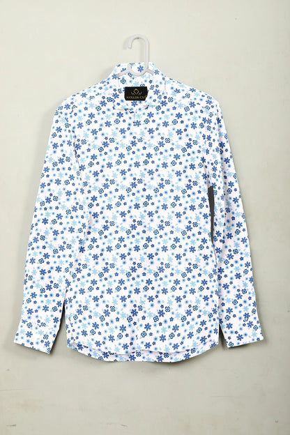 White and Lichen Blue with Jasmine and Pansy Flower Printed Premium Egyptian Giza Cotton Shirt - Formal Printed Shirt in India - Plus size Shirt in India - Plus Size Shirts for Men Online in Mumbai