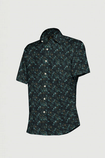 Raven Black and Turquoise Blue Lily Flower Printed Egyptian Giza Cotton Shirt- Best Formal Printed Cotton Shirt in India - Big Size Shirt - Plus Size Shirts for Men Online Shipping in Mumbai