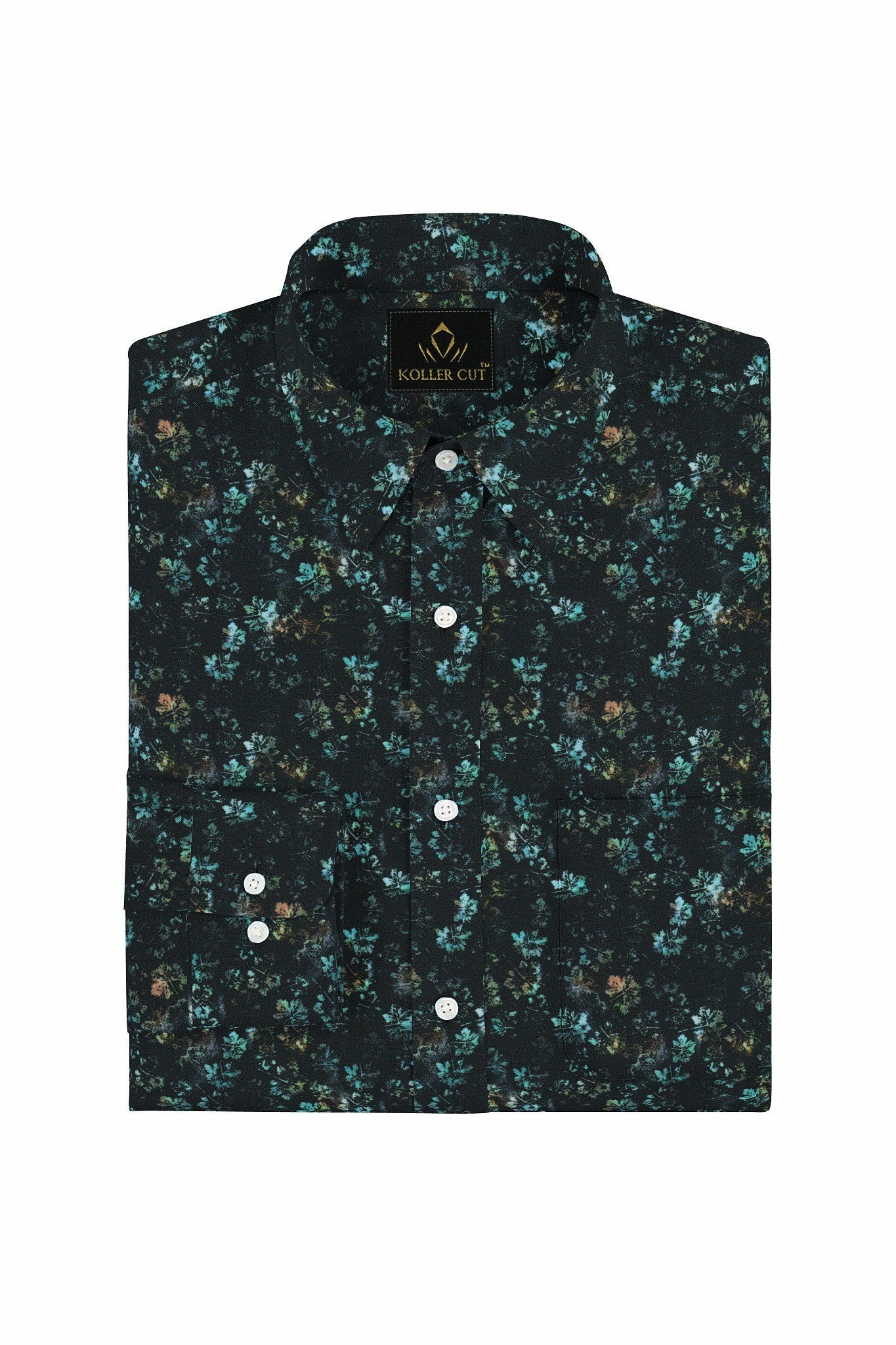 Raven Black and Turquoise Blue Lily Flower Printed Egyptian Giza Cotton Shirt- Best Formal Printed Cotton Shirt in India - Big Size Shirt - Plus Size Shirts for Men Online Shipping in Mumbai