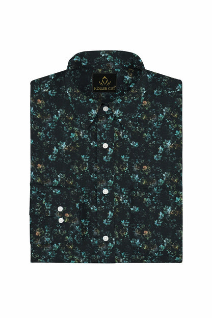 Raven Black and Turquoise Blue Lily Flower Printed Egyptian Giza Cotton Shirt- Best Formal Printed Cotton Shirt in India - Big Size Shirt - Plus Size Shirts for Men Online Shipping in Mumbai