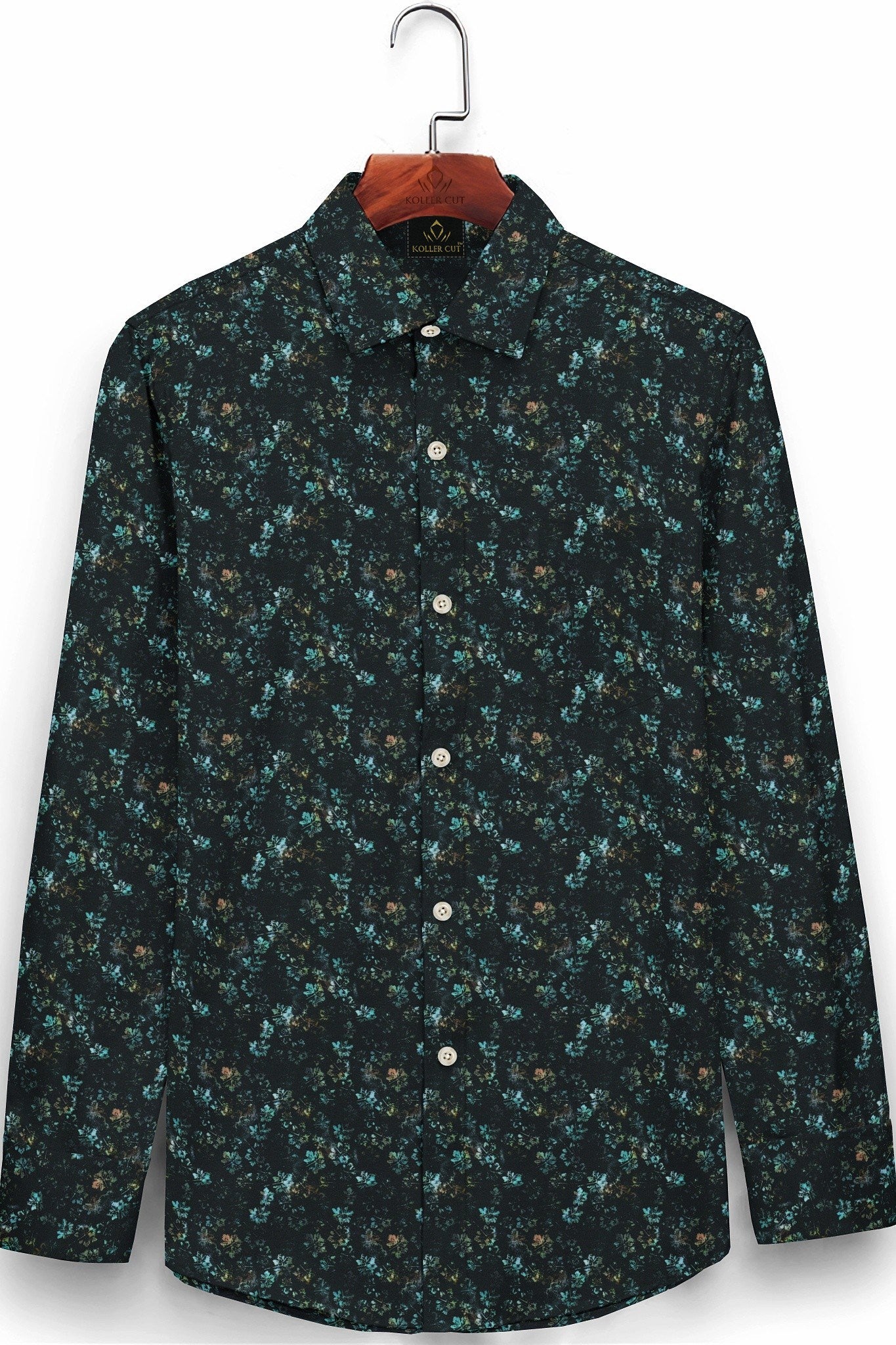 Raven Black and Turquoise Blue Lily Flower Printed Egyptian Giza Cotton Shirt- Best Formal Printed Cotton Shirt in India - Big Size Shirt - Plus Size Shirts for Men Online Shipping in Mumbai