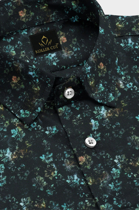 Raven Black and Turquoise Blue Lily Flower Printed Egyptian Giza Cotton Shirt- Best Formal Printed Cotton Shirt in India - Big Size Shirt - Plus Size Shirts for Men Online Shipping in Mumbai