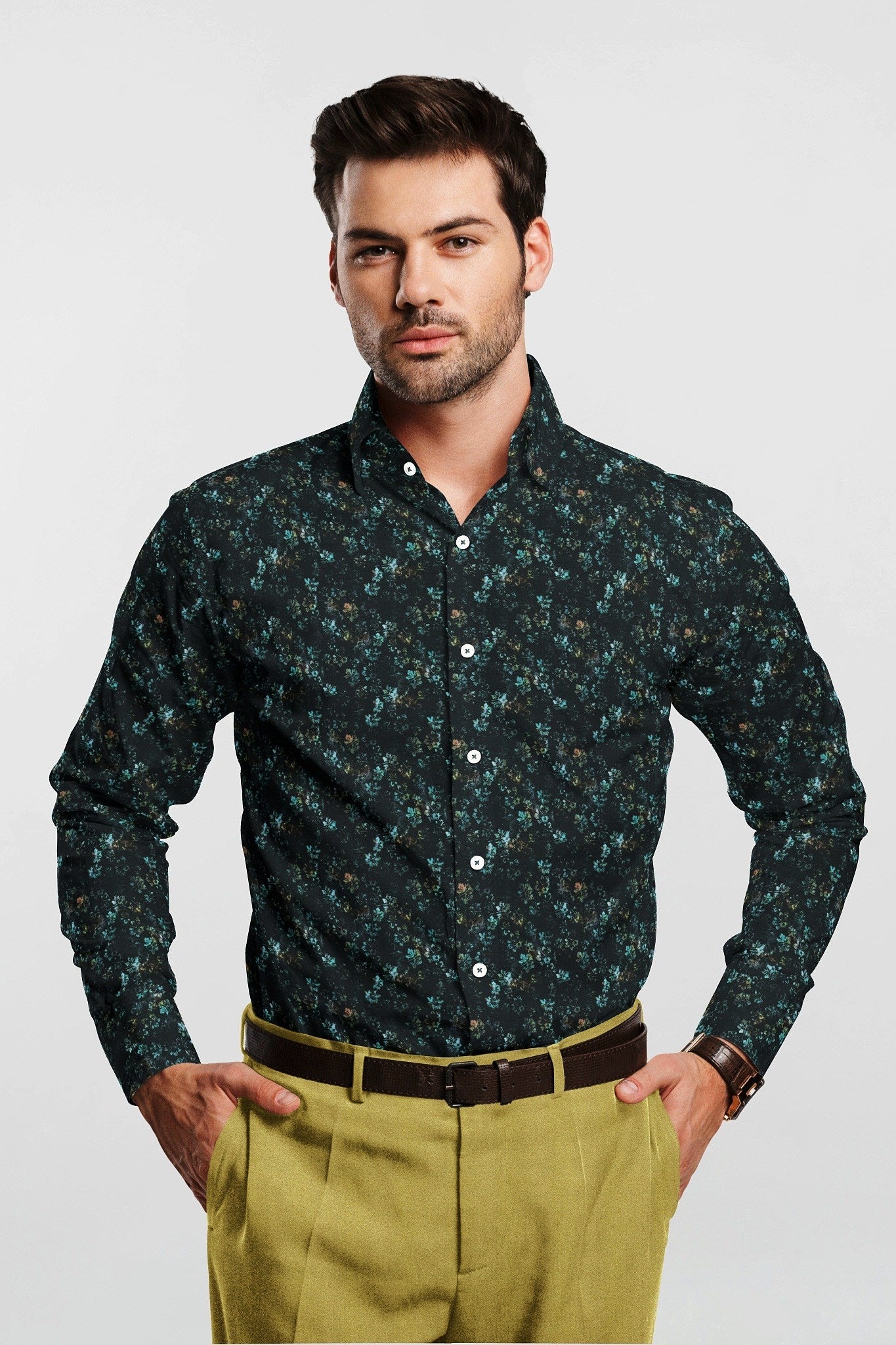 Raven Black and Turquoise Blue Lily Flower Printed Egyptian Giza Cotton Shirt- Best Formal Printed Cotton Shirt in India - Big Size Shirt - Plus Size Shirts for Men Online Shipping in Mumbai