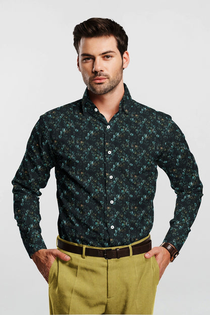 Raven Black and Turquoise Blue Lily Flower Printed Egyptian Giza Cotton Shirt- Best Formal Printed Cotton Shirt in India - Big Size Shirt - Plus Size Shirts for Men Online Shipping in Mumbai