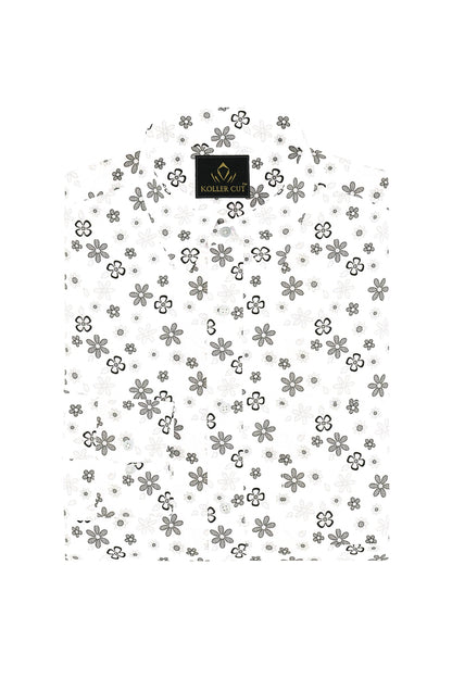 Kollercut-White and Jade Black with Jasmine and Pansy Flower Printed Premium Egyptian Giza Cotton Shirt