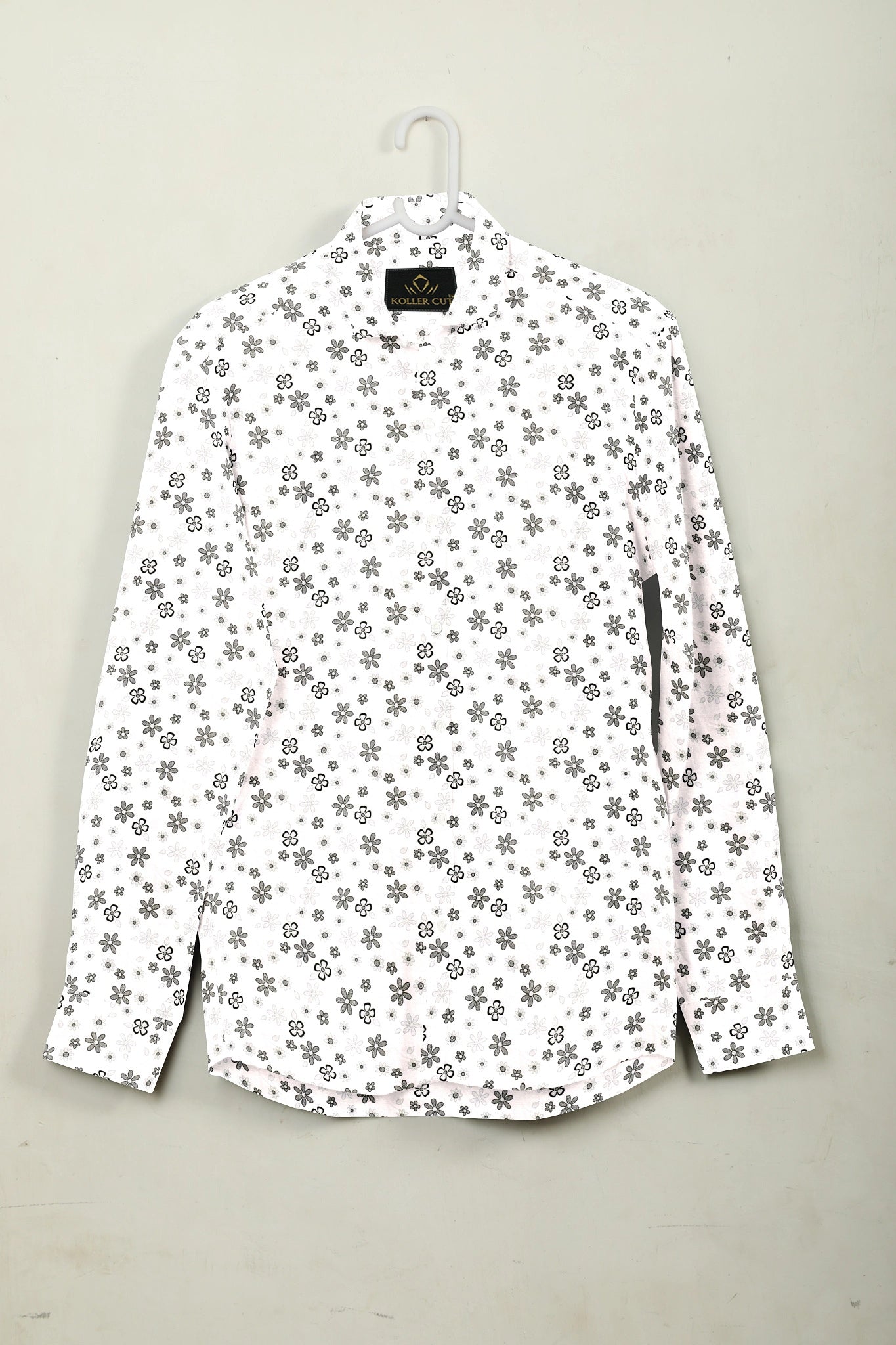 Kollercut-White and Jade Black with Jasmine and Pansy Flower Printed Premium Egyptian Giza French crown Cotton Shirt