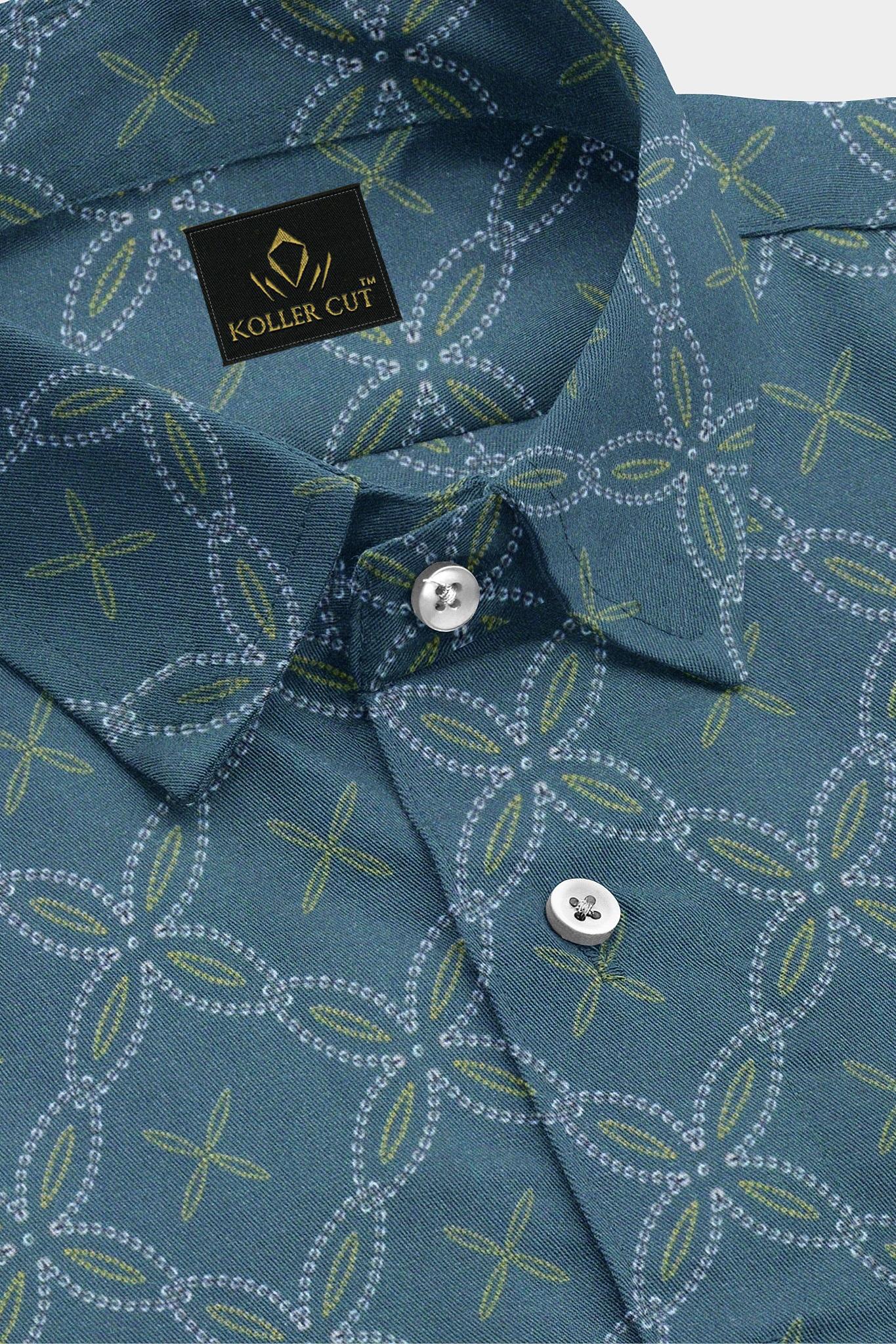 Opal Blue with White and Finch Yellow Geometric Pattern Printed Giza Cotton Shirt - Plus size premium Cotton Shirt