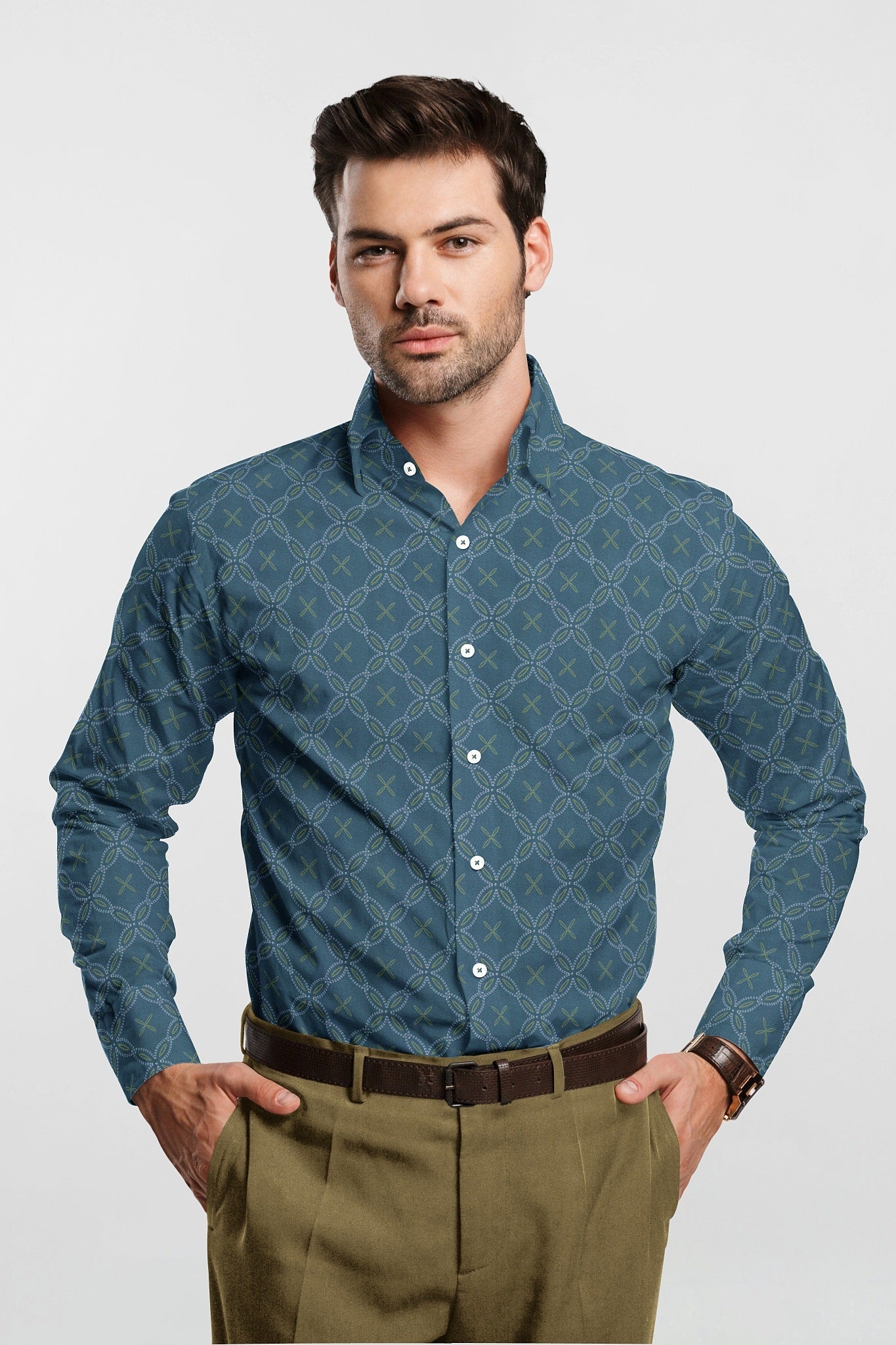 Opal Blue with White and Finch Yellow Geometric Pattern Printed Giza Cotton Shirt - Plus size premium Cotton Shirt