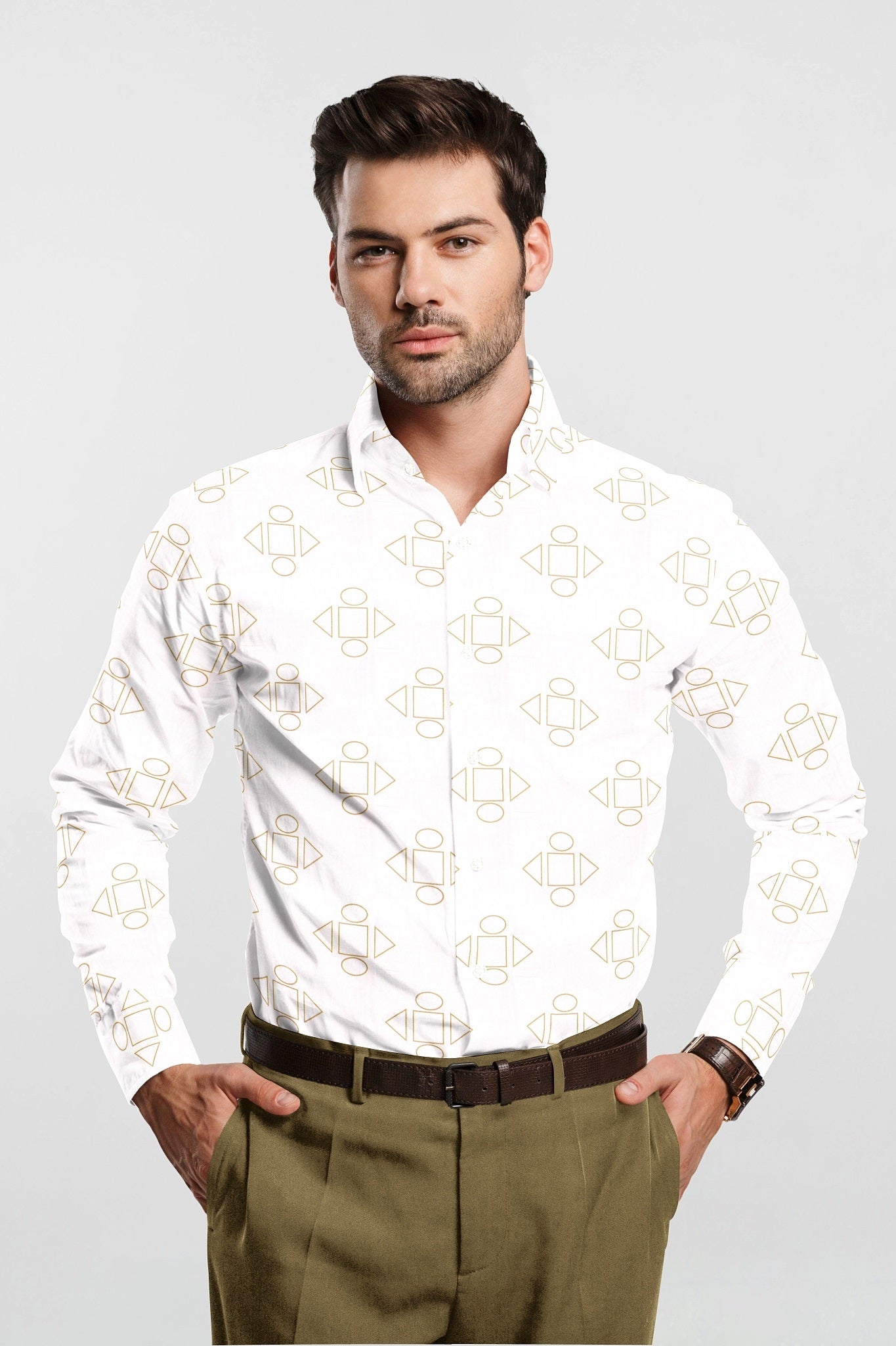 Bright White and Latte Brown Geometric Pattern Printed Premium Egyptian Giza Cotton Shirt Buy Plus size Cotton Shirt In India 