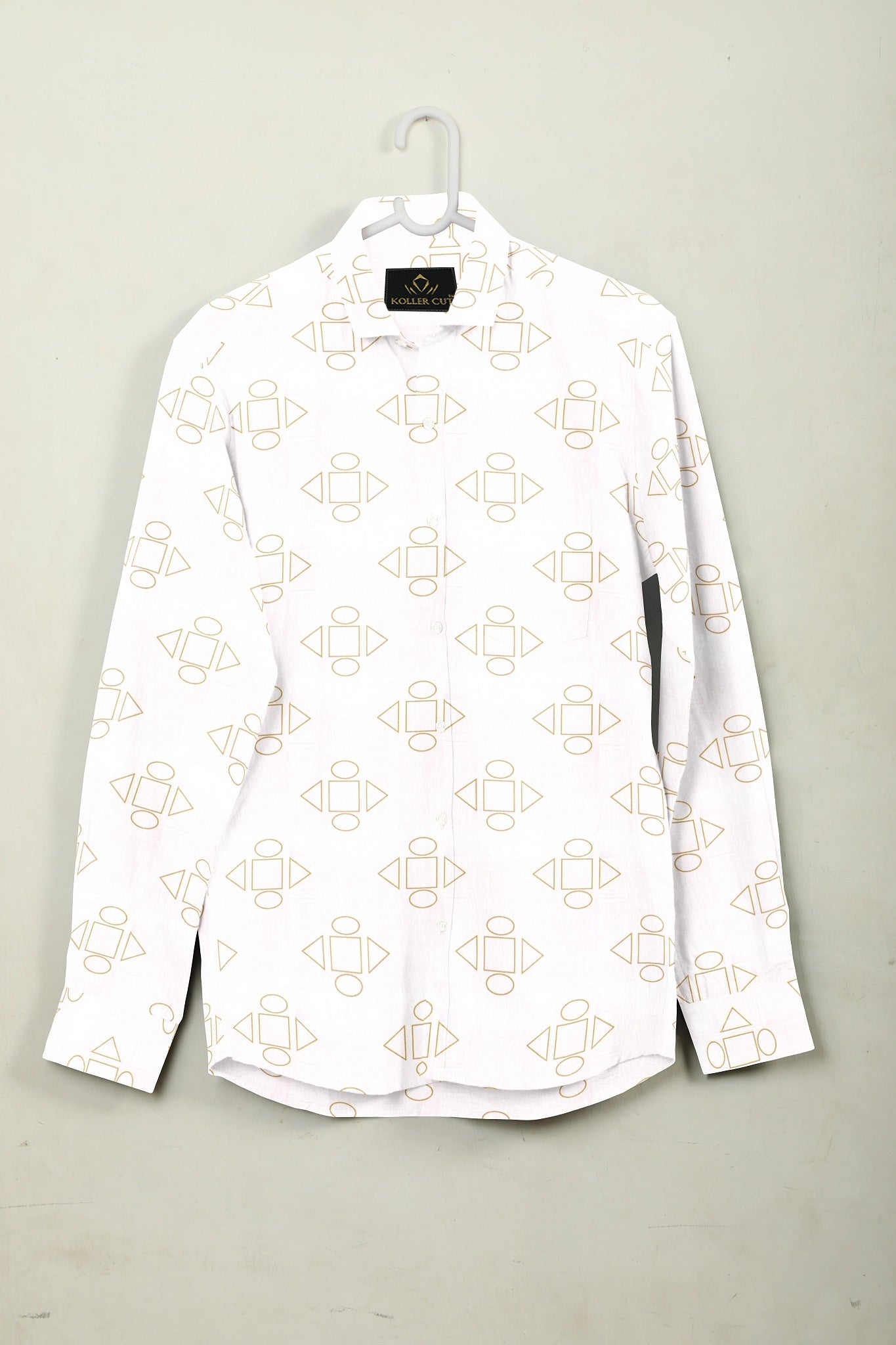 Bright White and Latte Brown Geometric Pattern Printed Premium Egyptian Giza Cotton Shirt Buy Plus size Cotton Shirt In India 