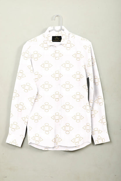 Bright White and Latte Brown Geometric Pattern Printed Premium Egyptian Giza Cotton Shirt Buy Plus size Cotton Shirt In India 