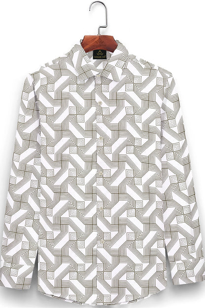 White with Olive Green Labyrinth Pattern Printed Cotton Shirt Printed Cotton Shirt ,Premium Egyptian Giza cotton shirt,Plus size shirt ,Plus size Cotton Shirt