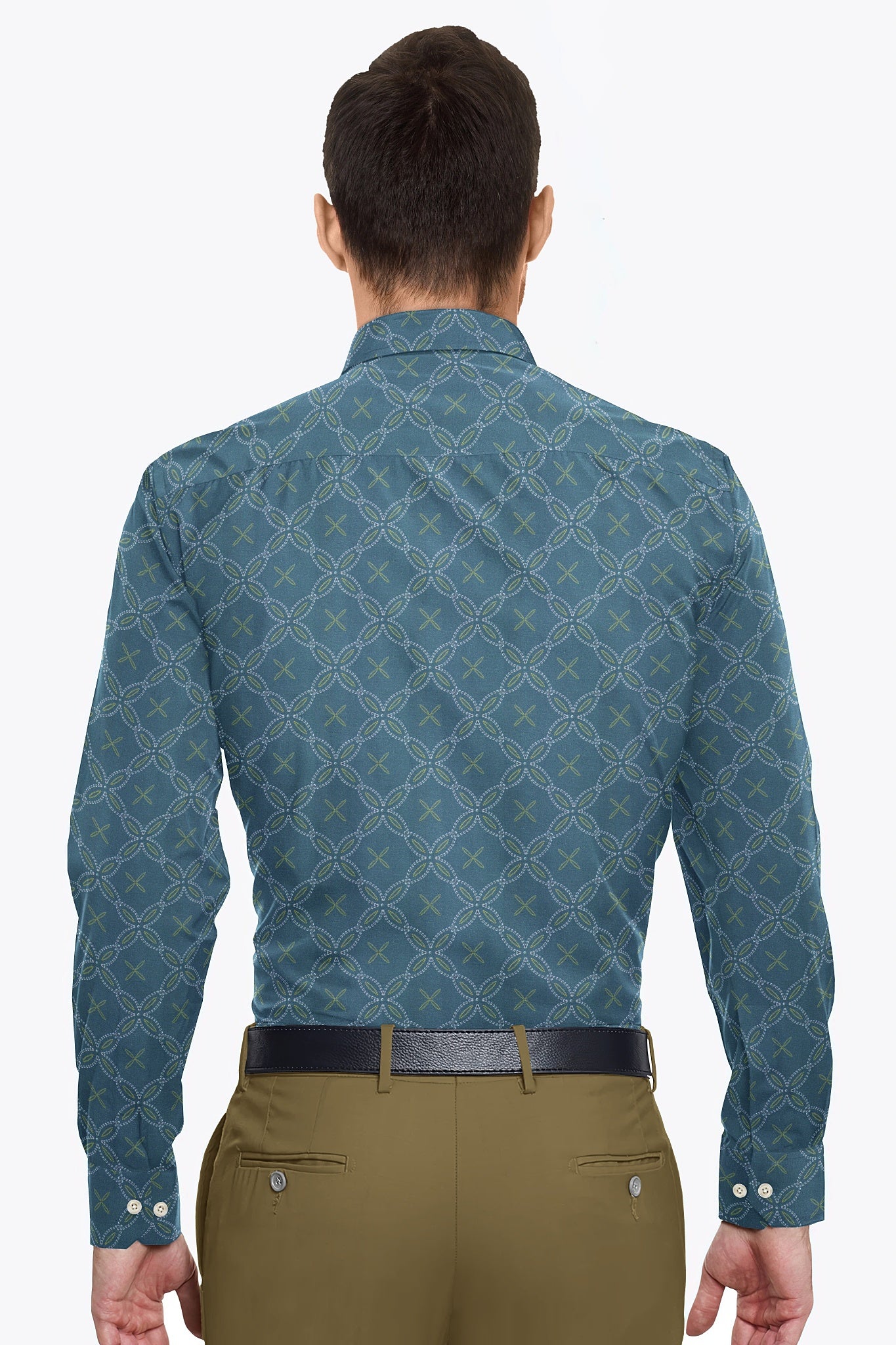 Opal Blue with White and Finch Yellow Geometric Pattern Printed Giza Cotton Shirt - Plus size premium Cotton Shirt