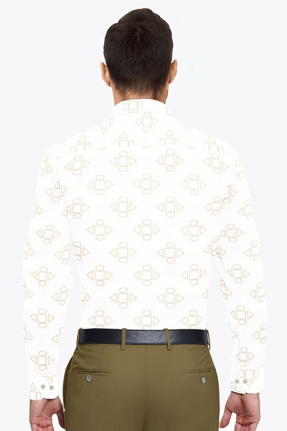 Bright White and Latte Brown Geometric Pattern Printed Premium Egyptian Giza Cotton Shirt Buy Plus size Cotton Shirt In India 