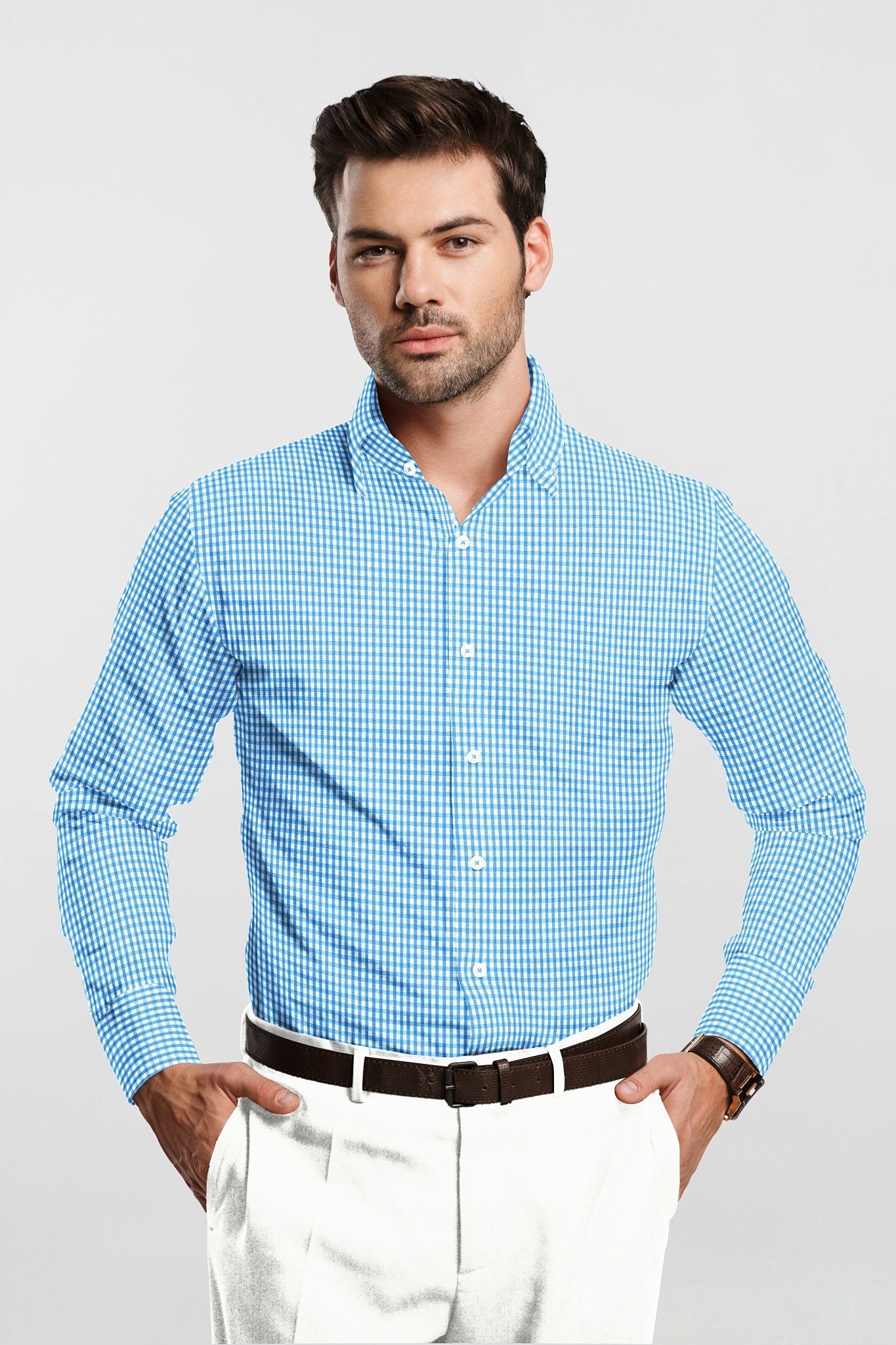 White and Carolina Blue Checks Cotton Shirt  Best Office wear Checks Shirt in India , Plus Size Shirt in India