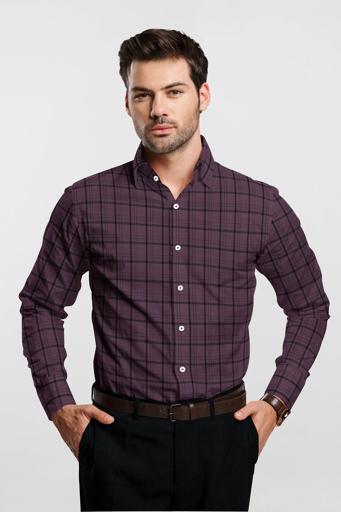 Prune Purple and Black Check Premium Cotton Shirt Plus size Giza Cotton Shirt in India