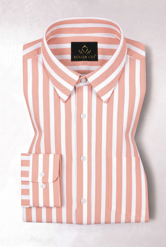 White with Salmon Pink Stripes Cotton Shirt