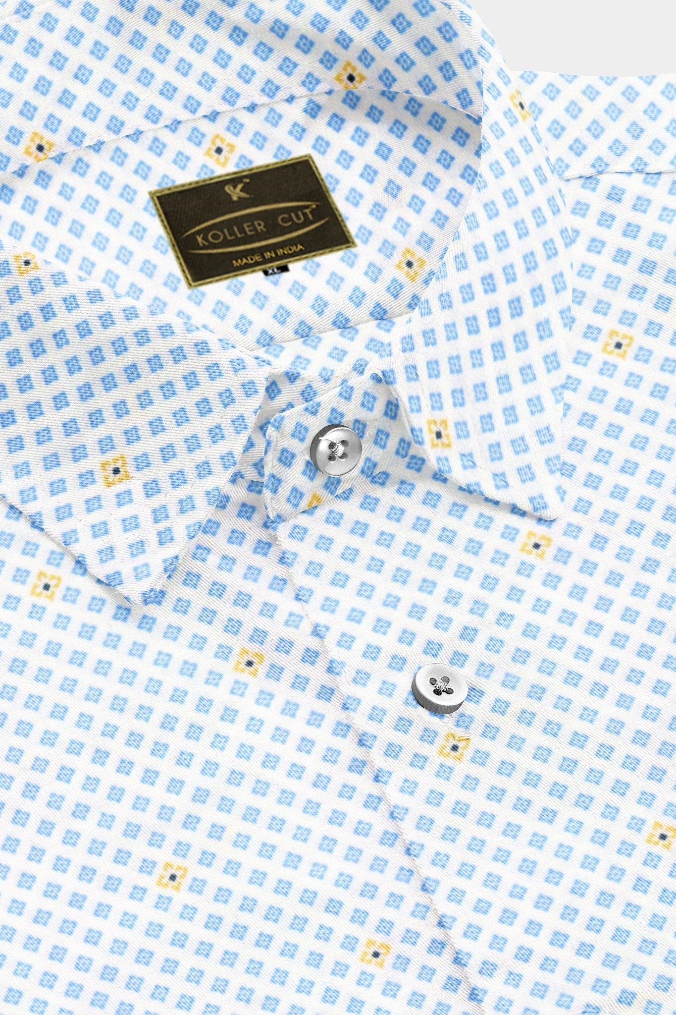 White with Sky-blue and Golden Diamond Printed Men's Cotton Shirt