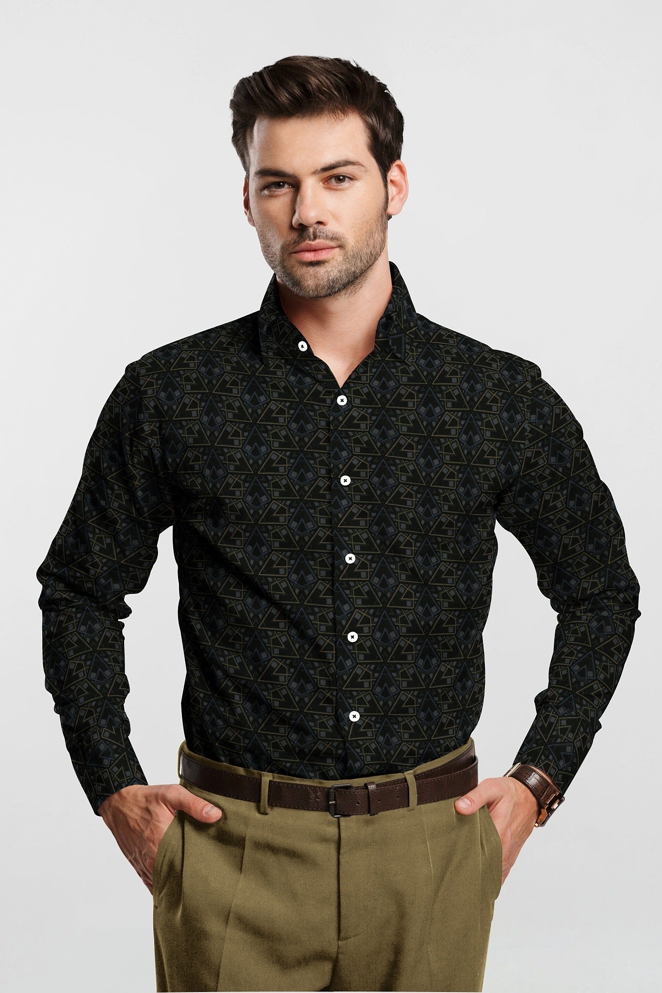 Jade Black with Calliste Green and Opal Gray Printed Premium Giza Cotton Shirt -Best Printed Shirts in India