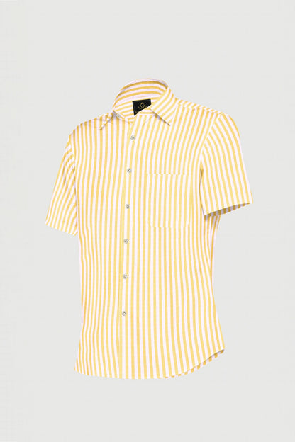 White and Canary Yellow Candy Stripes Cotton Linen Shirt- Plus size shirt in India