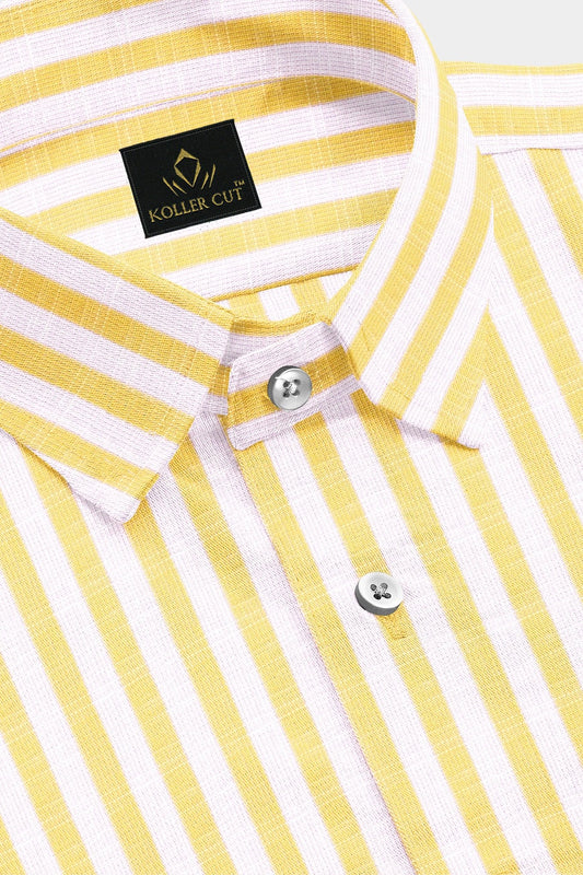 White and Canary Yellow Candy Stripes Cotton Linen Shirt- Plus size shirt in India