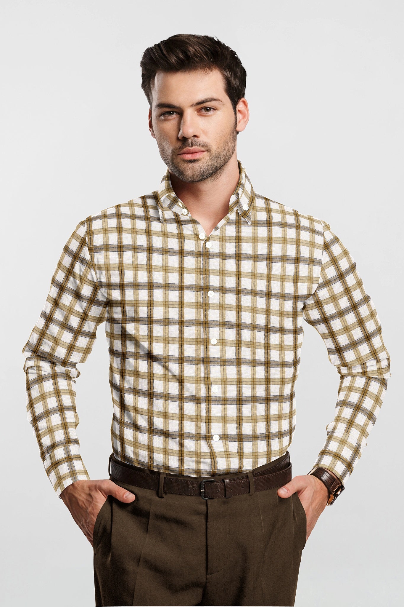 White and Biscotti Brown Checks Cotton Linen Shirt