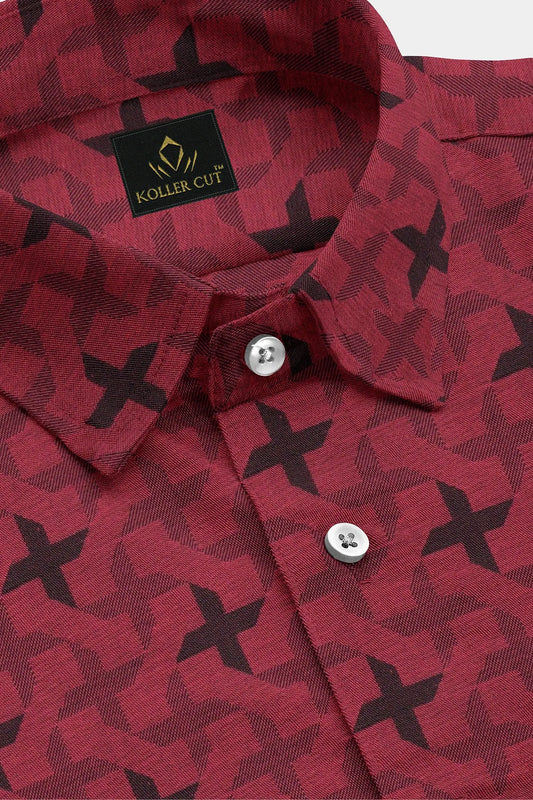 Rococo Red and Jet Black Ninja Shuriken Jacquard Print Egyptian Giza Cotton Shirt- Best Partywear Formal Shirts in India